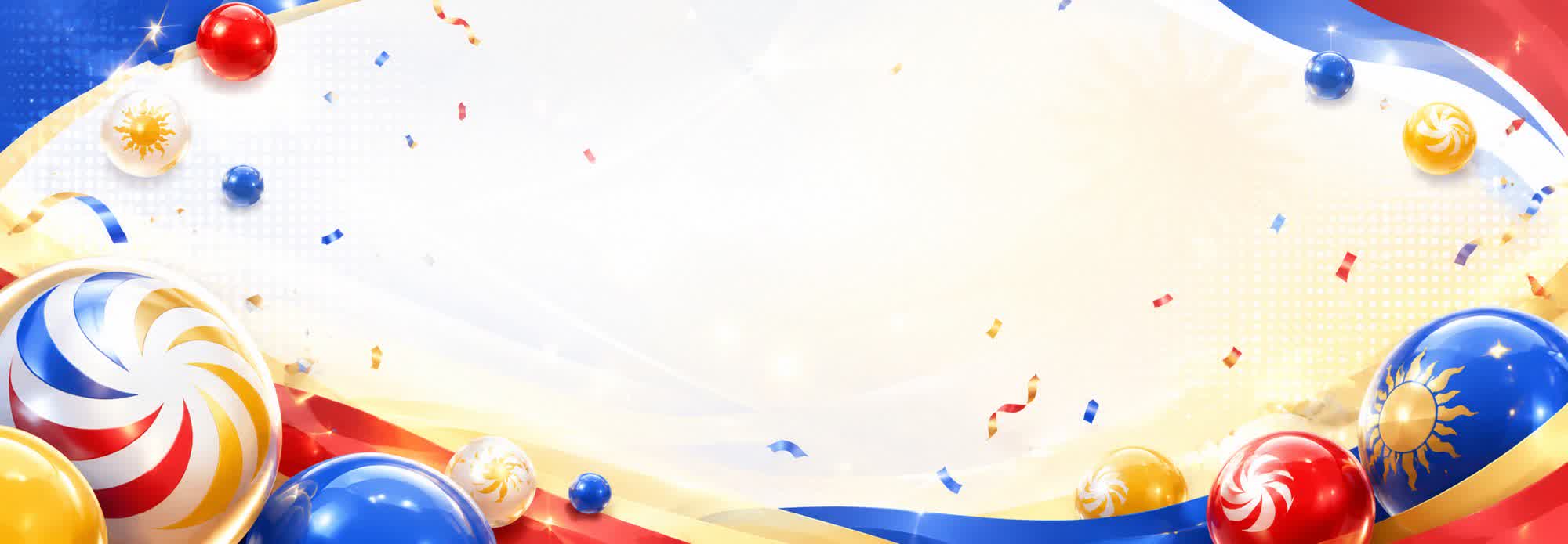 PCSO lotto balls and confetti — Philippine lotto results banner
